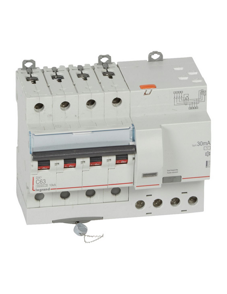 Disjoncteur différentiel monobloc DX³6000 10kA 4 Pôles 400V~ 63A type AC 30mA LEGRAND 411203