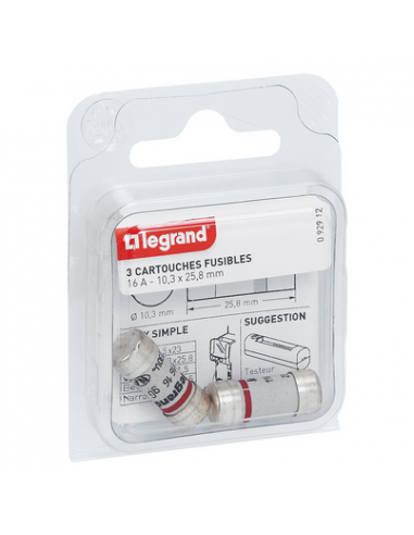 3 Cartouches fusibles pour porte-fusibles sans témoin - 10,3x25,8mm 16A LEGRAND 092912