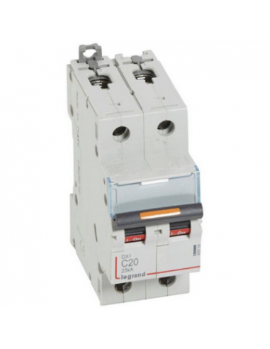 Disjoncteur DX³ 25kA arrivée haute et départ bas à vis 2 Pôles de 230V à 400V 20A courbe C 2 modules LEGRAND 409769