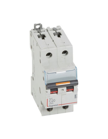 Disjoncteur DX³ 25kA arrivée haute et départ bas à vis 2 Pôles de 230V à 400V 20A courbe C 2 modules LEGRAND 409769