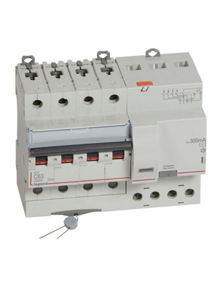 Disjoncteur différentiel monobloc DX³6000 10kA arrivée haute et départ bas à vis 4 Pôles 400V 63A type AC 300mA LEGRAND 411211