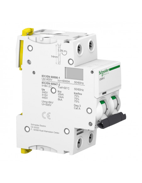 Acti9 iC60N disjoncteur 2 Pôles 63A courbe C 6000A/10KA SCHNEIDER A9F77263