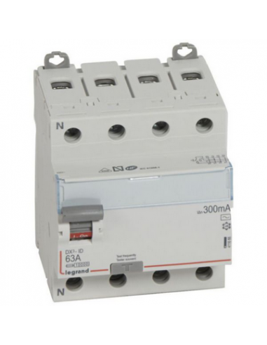 Interrupteur différentiel DX³-ID arrivée haute et départ bas à vis 4 Pôles 400V~ 63A type AC 300mA 4 modules LEGRAND 411666