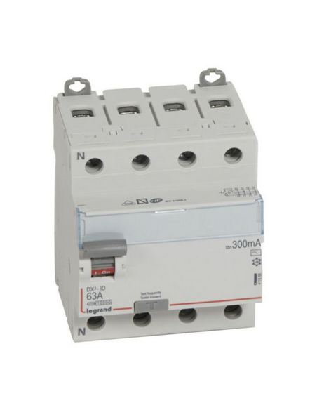 Interrupteur différentiel DX³-ID arrivée haute et départ bas à vis 4 Pôles 400V~ 63A type AC 300mA 4 modules LEGRAND 411666