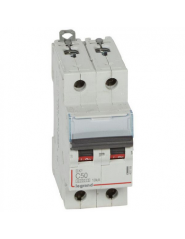 Disjoncteur DX³6000 10kA arrivée haute et départ bas à vis 2 Pôles de 230V à 400V 50A courbe C 2 modules LEGRAND 407789