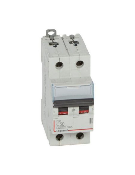 Disjoncteur DX³6000 10kA arrivée haute et départ bas à vis 2 Pôles de 230V à 400V 50A courbe C 2 modules LEGRAND 407789
