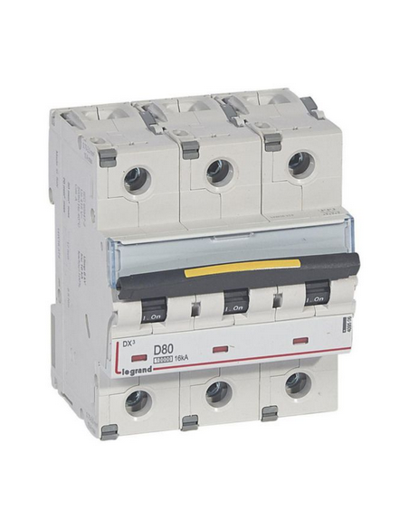 Disjoncteur DX³10000 16kA arrivée haute et départ bas à vis 3 Pôles 400V~ 80A courbe D - 4,5 modules LEGRAND 409506