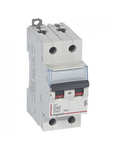 Disjoncteur DX³6000 10kA arrivée haute et départ bas à vis 2 Pôles 400V 40A courbe D 2 modules LEGRAND 408019
