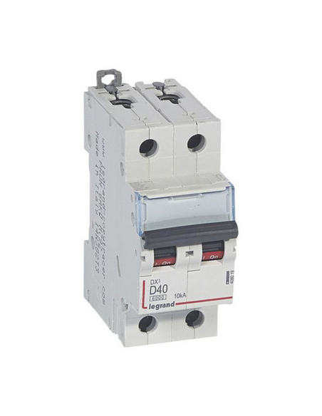 Disjoncteur DX³6000 10kA arrivée haute et départ bas à vis 2 Pôles 400V 40A courbe D 2 modules LEGRAND 408019