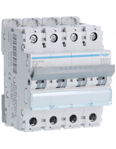 Disjoncteur Tétrapolaire 10kA courbe C 40A 4 modules HAGER NFN440