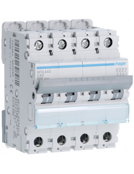 Disjoncteur Tétrapolaire 10kA courbe C 40A 4 modules HAGER NFN440