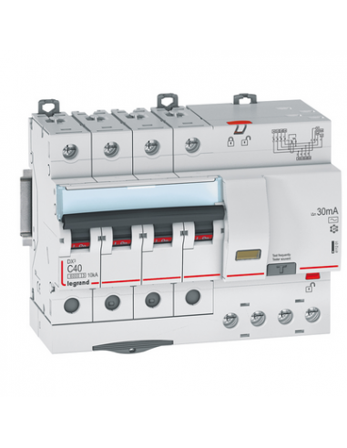 Disjoncteur différentiel monobloc DX³6000 10kA départ haut automatique 4 Pôles 400V 40A type AC 30mA LEGRAND 411201
