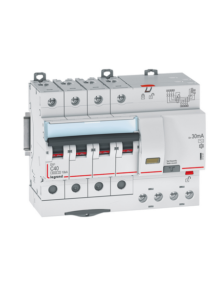 Disjoncteur différentiel monobloc DX³6000 10kA départ haut automatique 4 Pôles 400V 40A type AC 30mA LEGRAND 411201