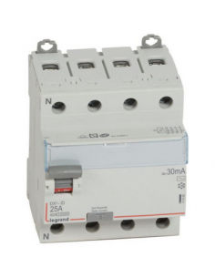 Interrupteur différentiel DX³-ID arrivée haute et départ bas à vis 4 Pôles 400V~ 25A type AC 30mA 4 modules LEGRAND 411660