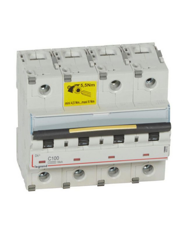 Disjoncteur DX³10000 16kA à vis 4 Pôles 400V 100A courbe C 6 modules LEGRAND 409363