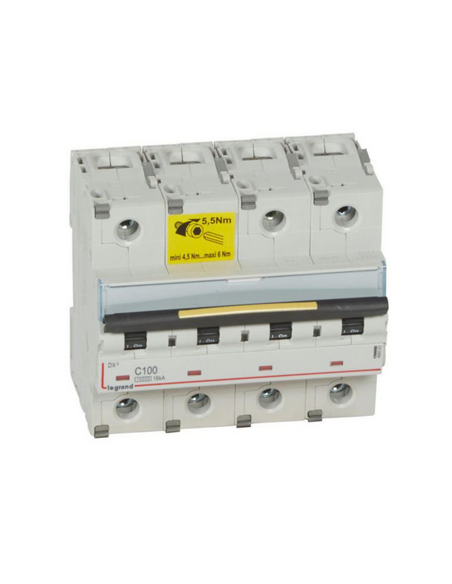 Disjoncteur DX³10000 16kA à vis 4 Pôles 400V 100A courbe C 6 modules LEGRAND 409363