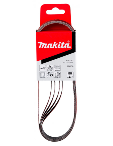 5 Bandes abrasives 13x533 mm pour bois métal (qualité standard) Grain 80 MAKITA P-43343