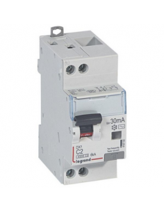 Disjoncteur différentiel DX³4500 arrivée haute et départ bas à vis U+N 230V 2A type AC 30mA courbe C 2 modules LEGRAND 410702 2
