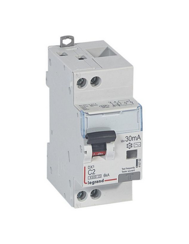 Disjoncteur différentiel DX³4500 arrivée haute et départ bas à vis U+N 230V 2A type AC 30mA courbe C 2 modules LEGRAND 410702