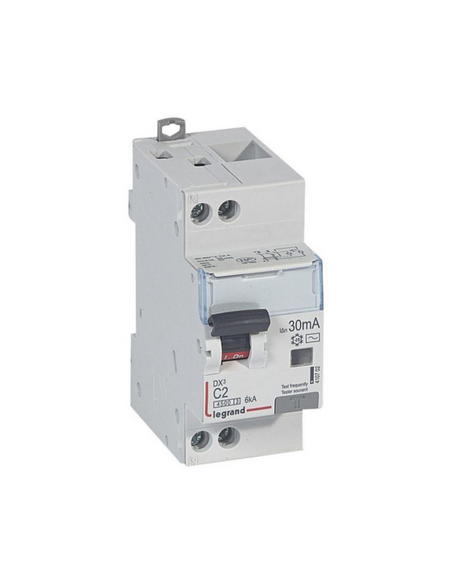 Disjoncteur différentiel DX³4500 arrivée haute et départ bas à vis U+N 230V 2A type AC 30mA courbe C 2 modules LEGRAND 410702