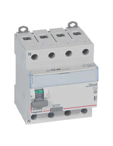 Interrupteur différentiel DX³-ID arrivée haute et départ bas à vis 4 Pôles 400V~ 80A type AC 30mA 4 modules LEGRAND 411663