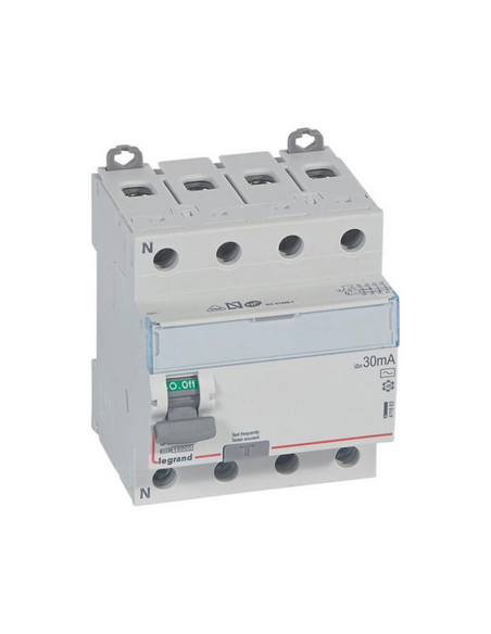 Interrupteur différentiel DX³-ID arrivée haute et départ bas à vis 4 Pôles 400V~ 80A type AC 30mA 4 modules LEGRAND 411663