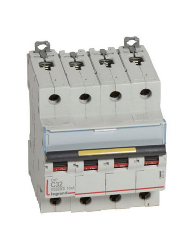 Disjoncteur DX³10000 16kA arrivée haute et départ bas à vis 4 Pôles 400V~ 32A courbe C 4 modules LEGRAND 409358