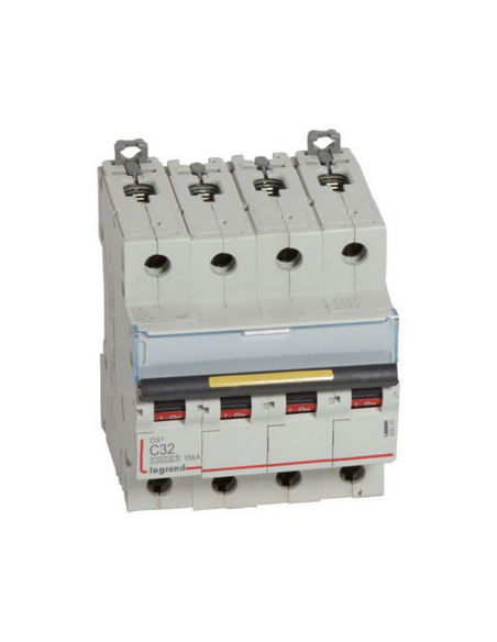 Disjoncteur DX³10000 16kA arrivée haute et départ bas à vis 4 Pôles 400V~ 32A courbe C 4 modules LEGRAND 409358