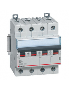 Disjoncteur DX³6000 10kA arrivée haute et départ bas à vis 4 Pôles 400V~ 63A courbe B 4 modules LEGRAND 407601