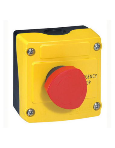 Boîte à bouton équipée Osmoz coup de poing coupure d'urgence rouge pousser-tourner D.40mm couvercle jaune LEGRAND 024212