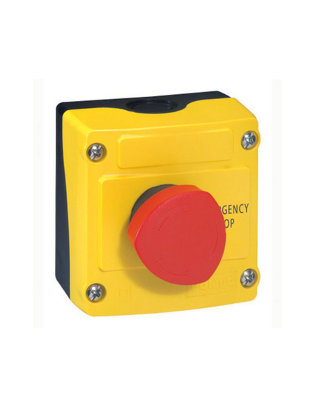 Boîte à bouton équipée Osmoz coup de poing coupure d'urgence rouge pousser-tourner D.40mm couvercle jaune LEGRAND 024212
