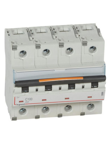 Disjoncteur DX³ 25kA arrivée haute et départ bas à vis 4 Pôles 400V~ 100A courbe C 6 modules LEGRAND 409802