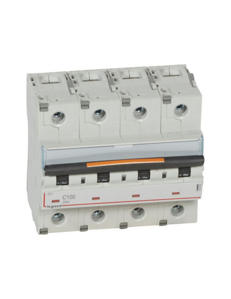 Disjoncteur DX³ 25kA arrivée haute et départ bas à vis 4 Pôles 400V~ 100A courbe C 6 modules LEGRAND 409802