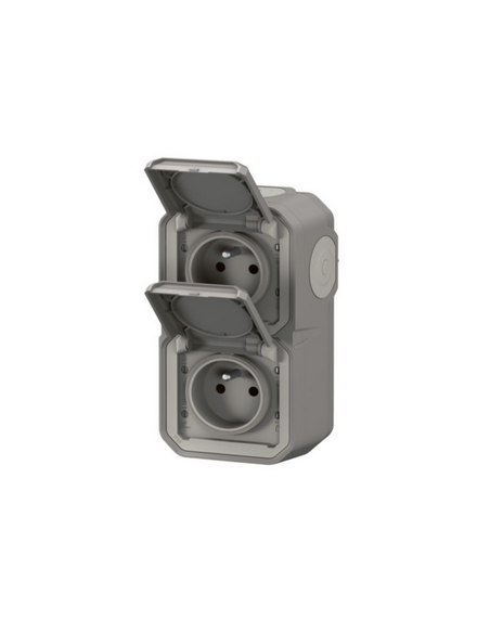 Double prise de courant 2P+T 16A verticale avec volet Plexo complet saillie gris LEGRAND 070013