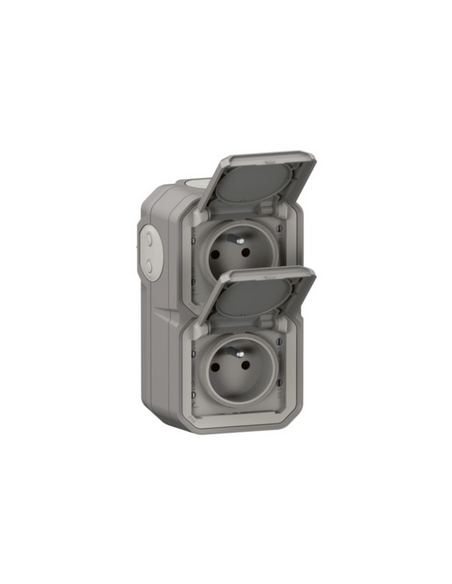 Double prise de courant 2P+T 16A verticale avec volet Plexo complet saillie gris LEGRAND 070013
