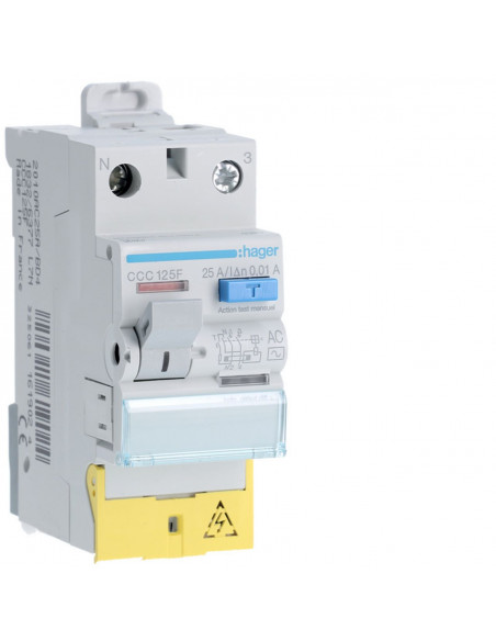 Interrupteur différentiel 1P+N 25A 10mA type AC à bornes décalées HAGER CCC125F