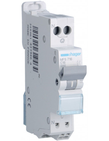 Disjoncteur modulaire 1P+N 3KA Courbe C 16A Connexion Automatique 1 Module HAGER MFS716 (431946)