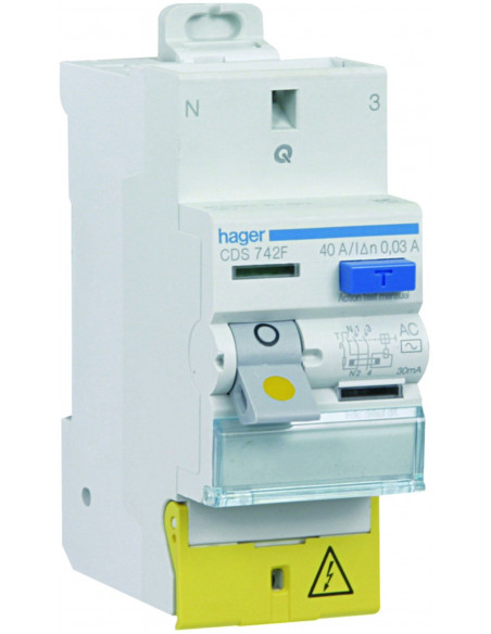Interrupteur Différentiel 2 Pôles 40A 30MA Type AC Bornes décalées HAGER CDS742F