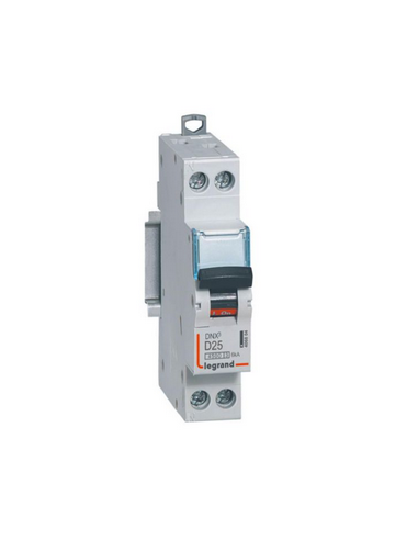 Disjoncteur Phase+Neutre DNX³4500 6kA arrivée et sortie borne à vis 1P+N 230V~ 25A courbe D 1 module LEGRAND 406804