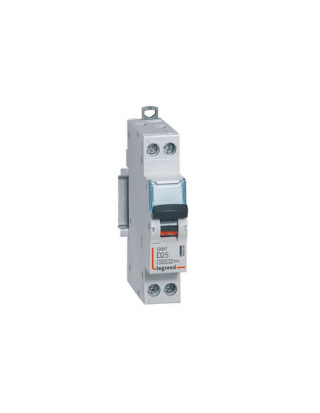 Disjoncteur Phase+Neutre DNX³4500 6kA arrivée et sortie borne à vis 1P+N 230V~ 25A courbe D 1 module LEGRAND 406804
