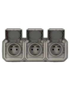 Triple prise de courant horizontale avec volet Plexo complet saillie gris LEGRAND 070014