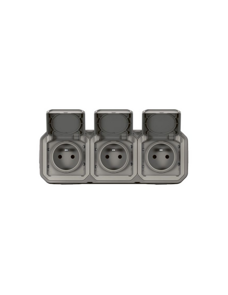 Triple prise de courant horizontale avec volet Plexo complet saillie gris LEGRAND 070014