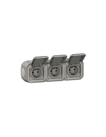 Triple prise de courant horizontale avec volet Plexo complet saillie gris LEGRAND 070014