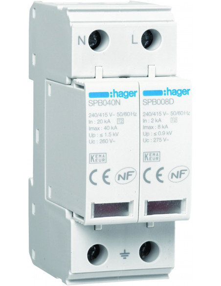 Parafoudre 2 Pôles TNS/TT Uc 275V In 2 kA Imax 8 kA Up 1kV HAGER SPB208D