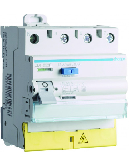 Interrupteur différentiel 3P+N 63A 30mA type F Bornes décalées HAGER CDF863F