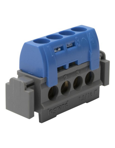 Bornier de répartition isolé IP2X neutre 4 connexions 1,5mm² à 16mm² bleu longueur 47mm LEGRAND 004840