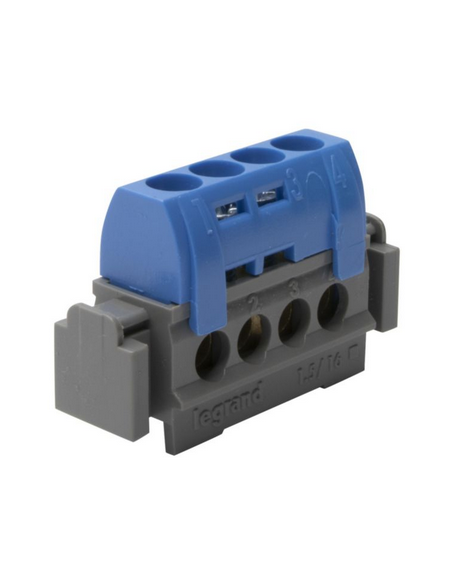 Bornier de répartition isolé IP2X neutre 4 connexions 1,5mm² à 16mm² bleu longueur 47mm LEGRAND 004840