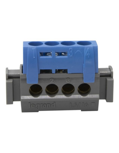 Bornier de répartition isolé IP2X neutre 4 connexions 1,5mm² à 16mm² bleu longueur 47mm LEGRAND 004840
