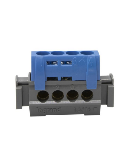 Bornier de répartition isolé IP2X neutre 4 connexions 1,5mm² à 16mm² bleu longueur 47mm LEGRAND 004840
