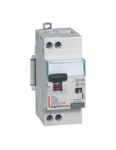 Disjoncteur différentiel DX³4500 arrivée haute et départ bas à vis U+N 230V 32A type F 30mA courbe C 2 modules LEGRAND 410756
